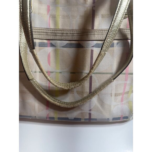 Coach Poppy Tattersall Signature Plaid Tote Bag Metallic Leather Trim 19871 15” - Picture 7 of 11